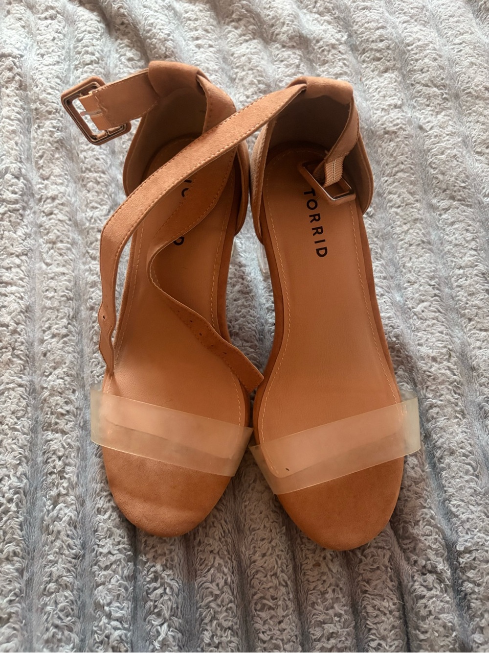 torrid tan ankle-strap heels with clear toe band
